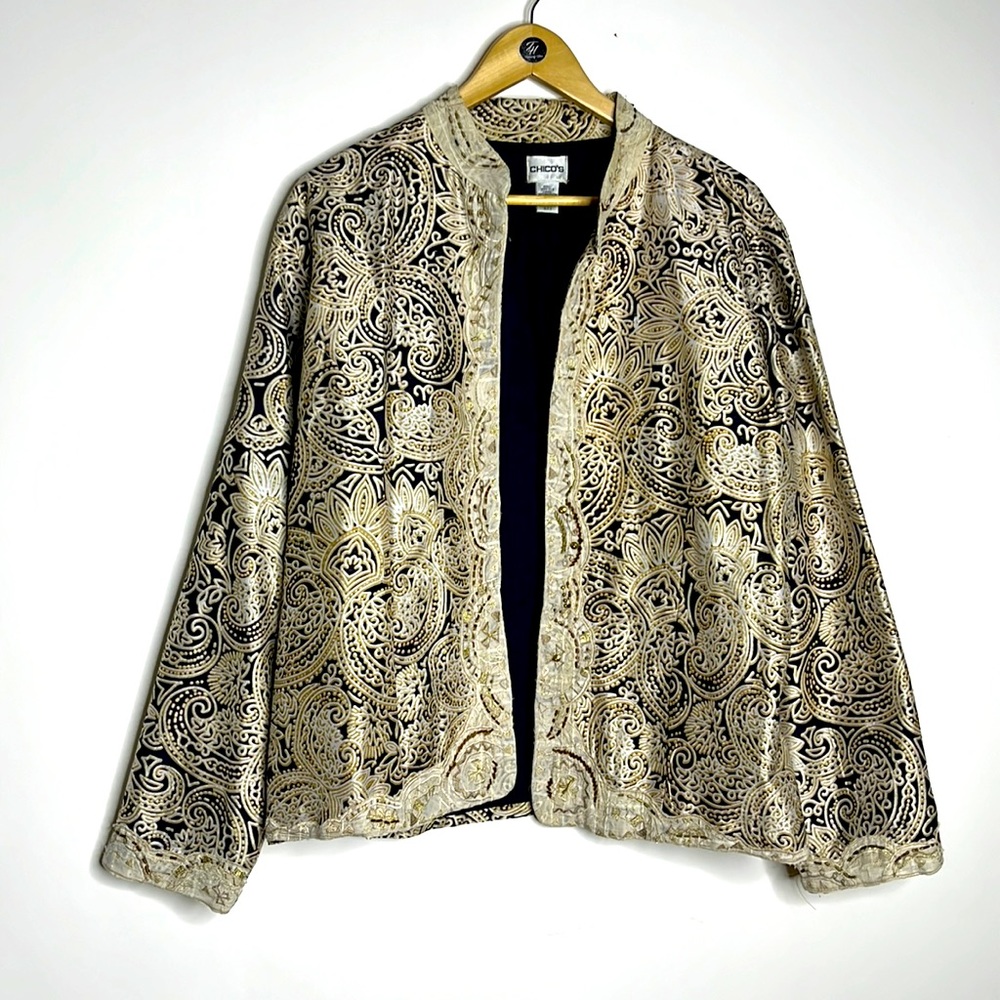 CHICO'S Mandarin Collar Boho Silk Beaded Sz 3 (XL/16)